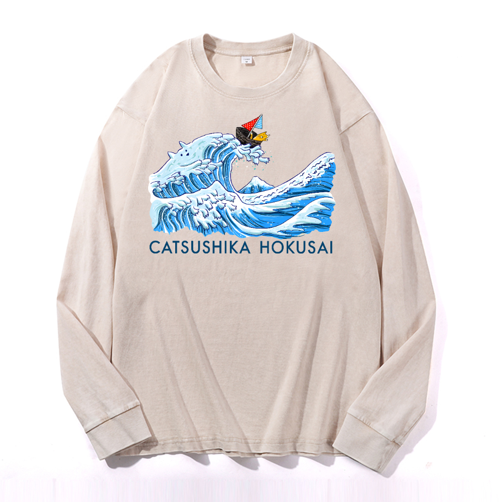 Cat Wave Vintage Cotton Wash Crewneck Long-Sleeve T-Shirt
