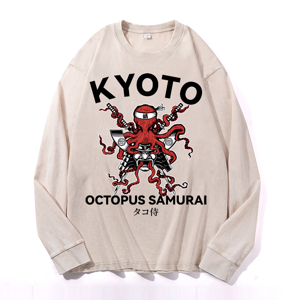 Kyoto Octopus Samurai Vintage Cotton Wash Long-sleeve T-shirt