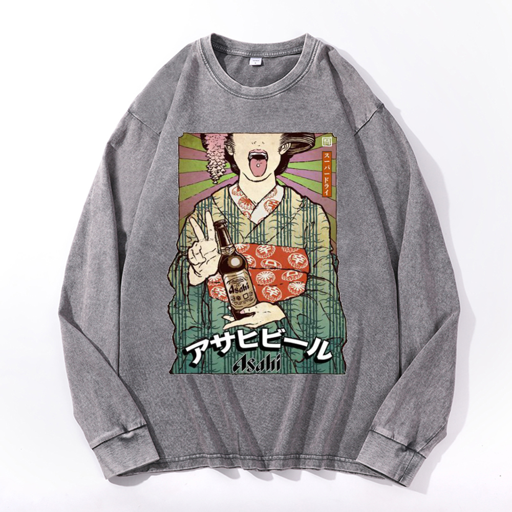 Asahi Breweries Vintage Cotton Wash Crewneck Long-Sleeve T-Shirt