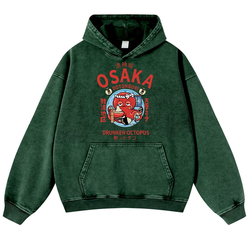 Osaka Dotonbori Drunken Octopus Vintage Washed Thick Cotton Hoodie