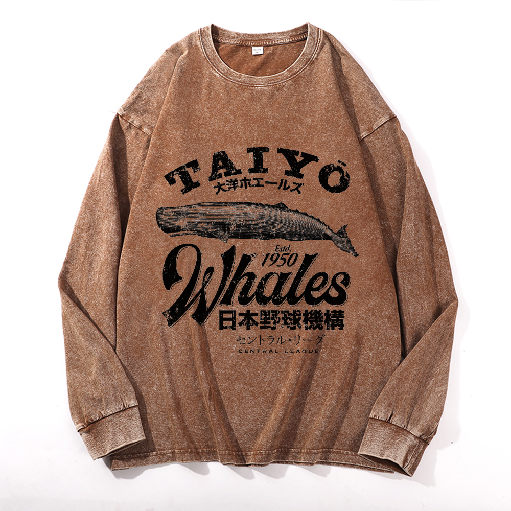 Taiyo Whales Vintage Cotton Wash Crewneck Long-Sleeve T-Shirt