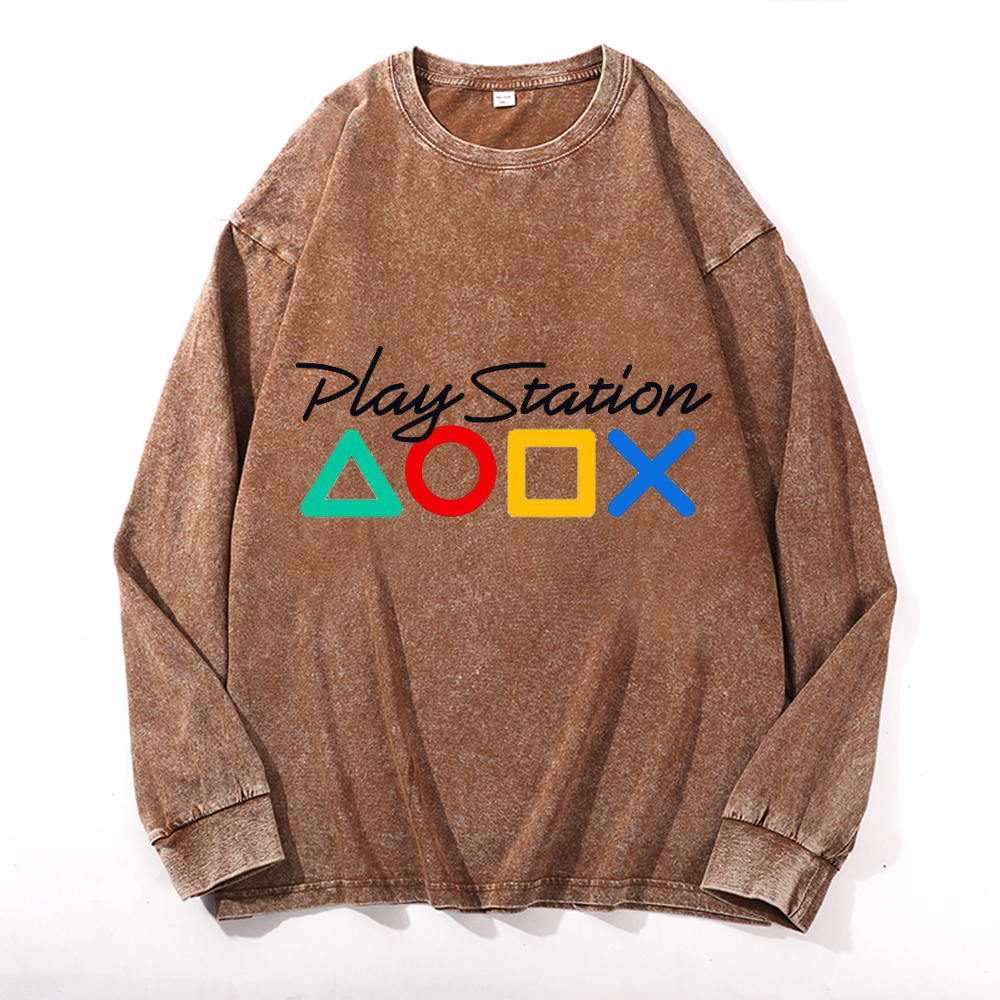 Vintage Cotton Wash Crewneck Long-Sleeve T-Shirt