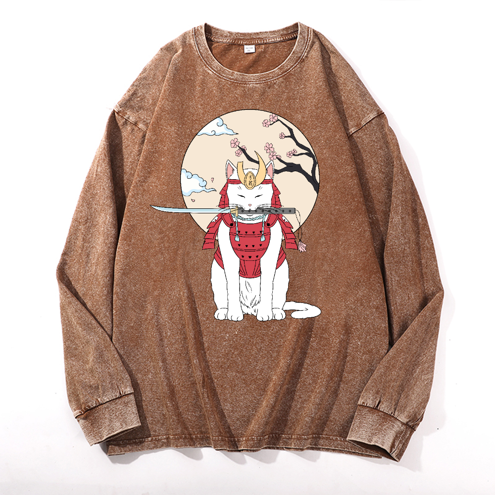 Samurai Cat Vintage Cotton Wash Crewneck Long-Sleeve T-Shirt