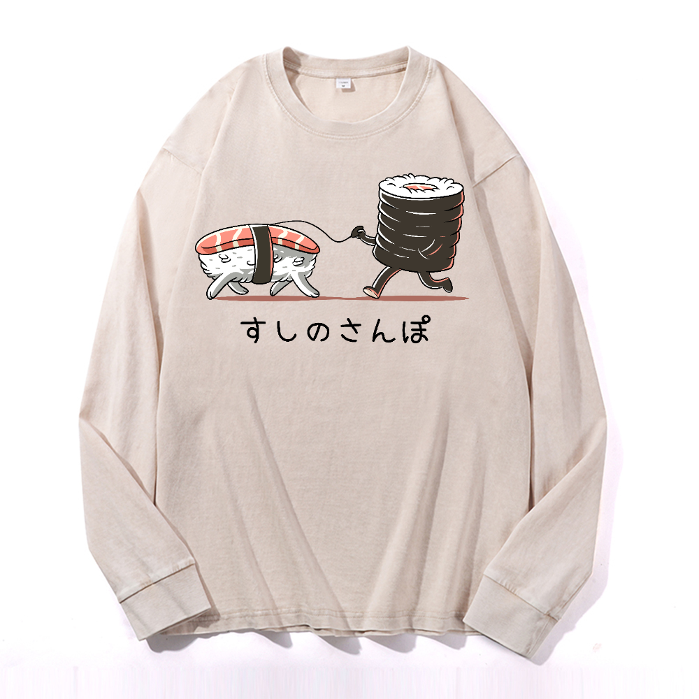Sushi Vintage Cotton Wash Crewneck Long-Sleeve T-Shirt