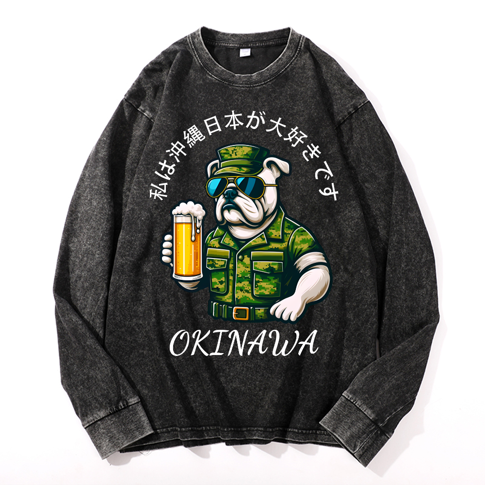 Okinawa Dog Vintage Cotton Wash Crewneck Long-Sleeve T-Shirt