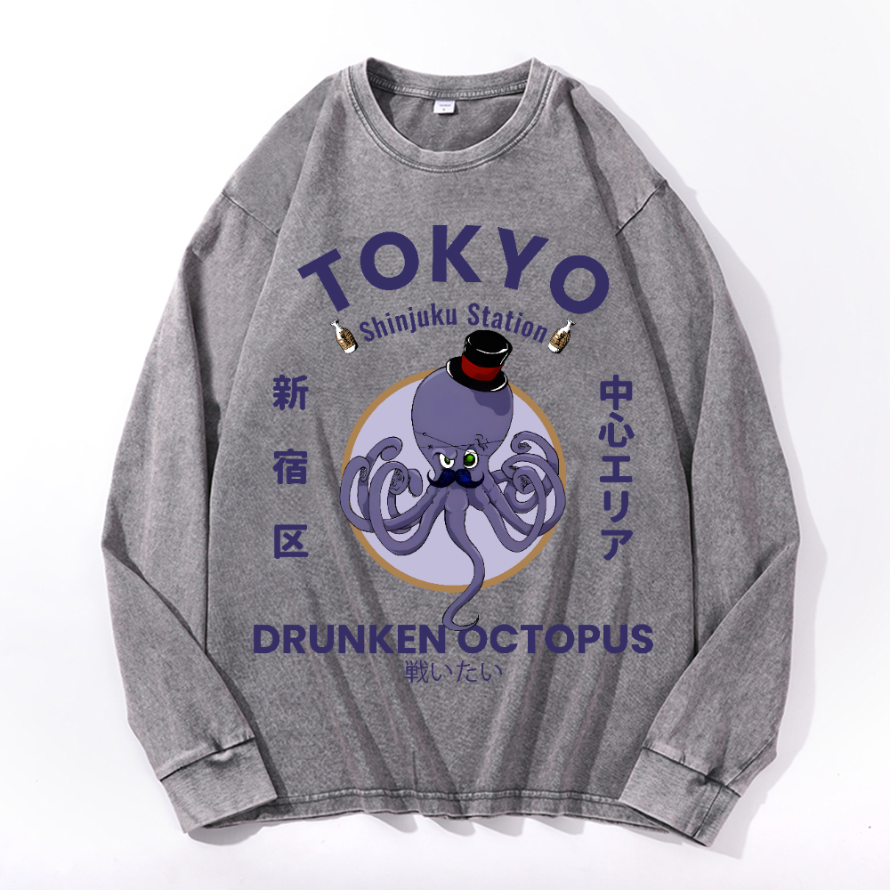 Tokyo Octopus Vintage Cotton Wash Crewneck Long-Sleeve T-Shirt