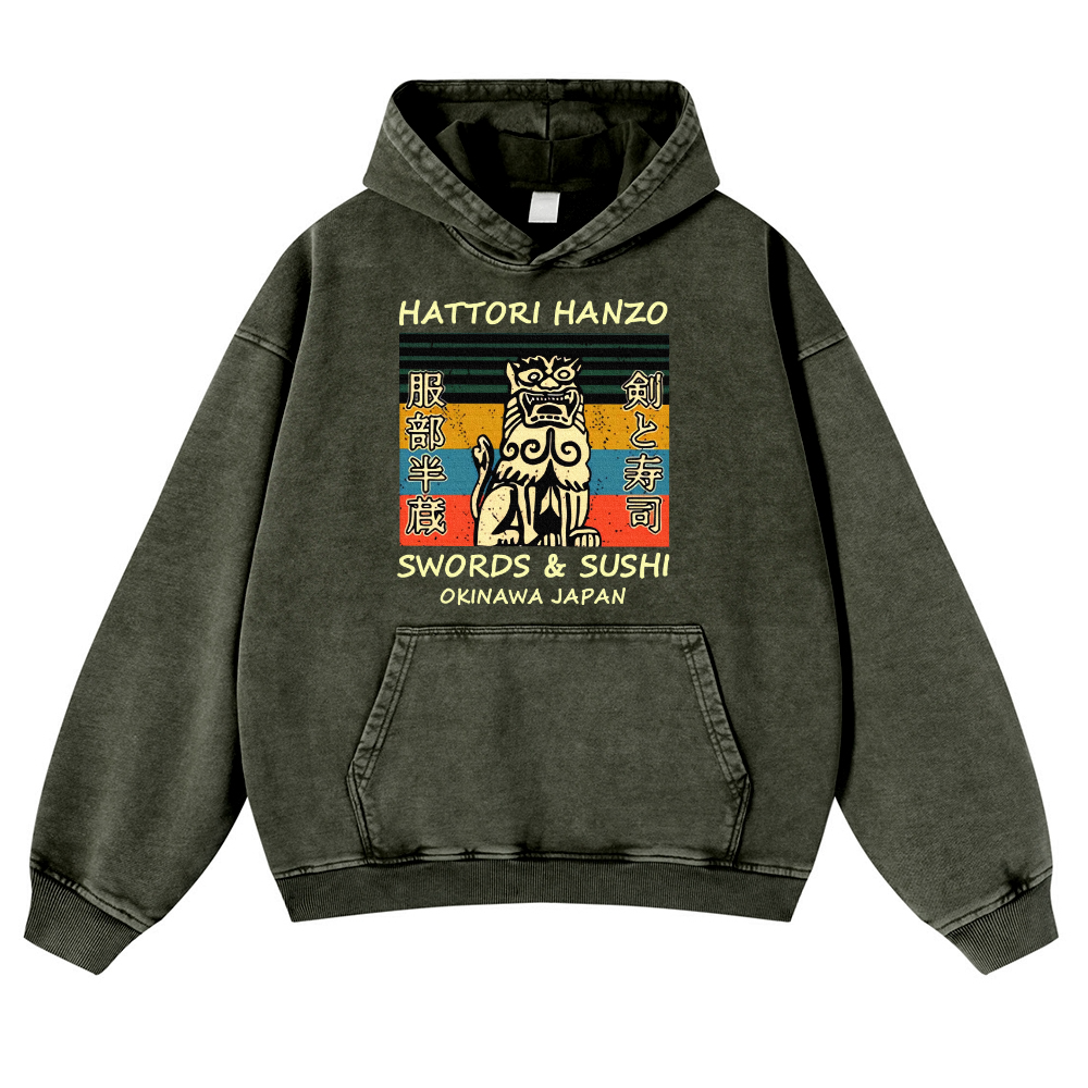 Hattori Hanzo Komainu Okinawa Japan Vintage Washed Thick Cotton Hoodie