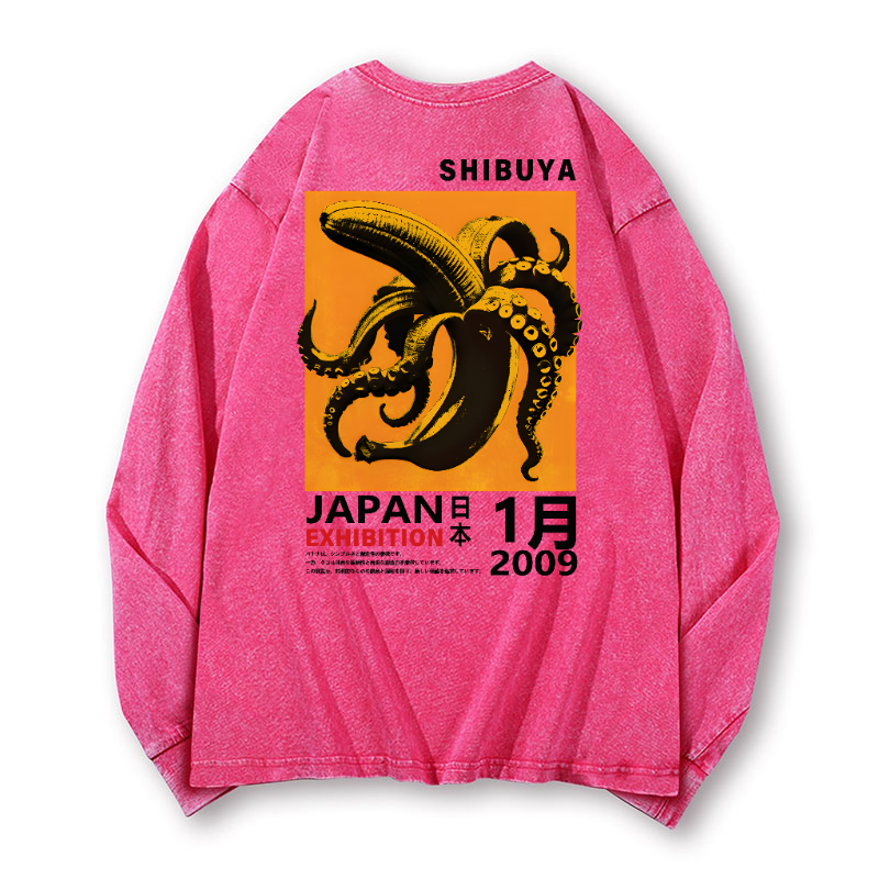 Shibuya Banana Octopus Vintage Washed Cotton Back Art Long-sleeve T-shirt