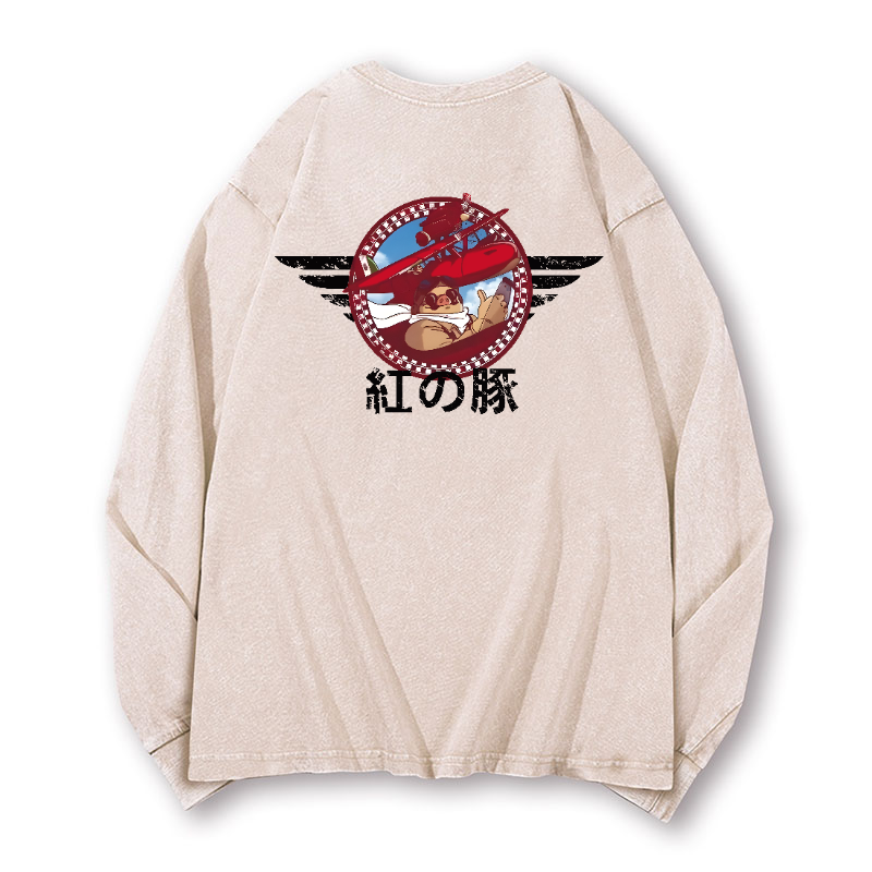 Ghibli Porco Rosso Vintage Washed Cotton Back Art Long-sleeve T-shirt