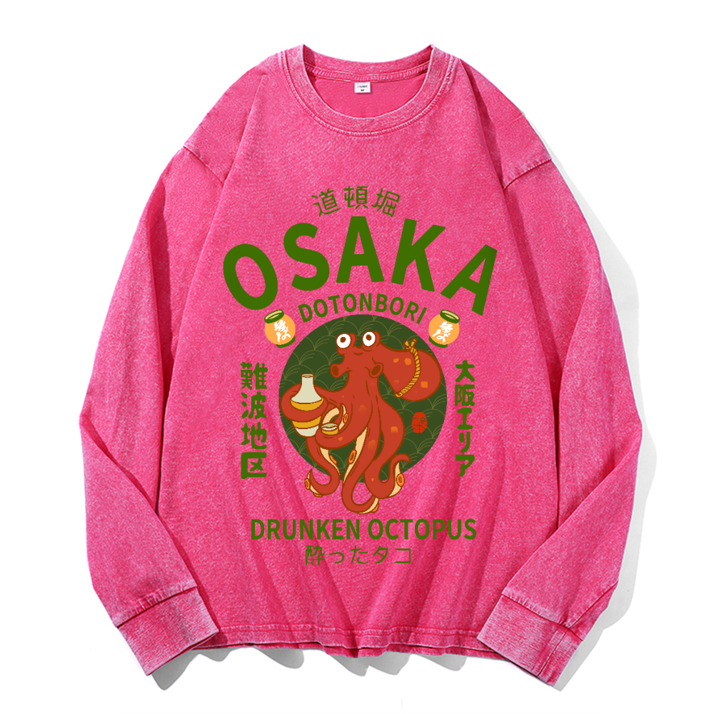 Osaka Dotonbori Drunken Octopus Vintage Cotton Wash Crewneck Long-Sleeve T-Shirt
