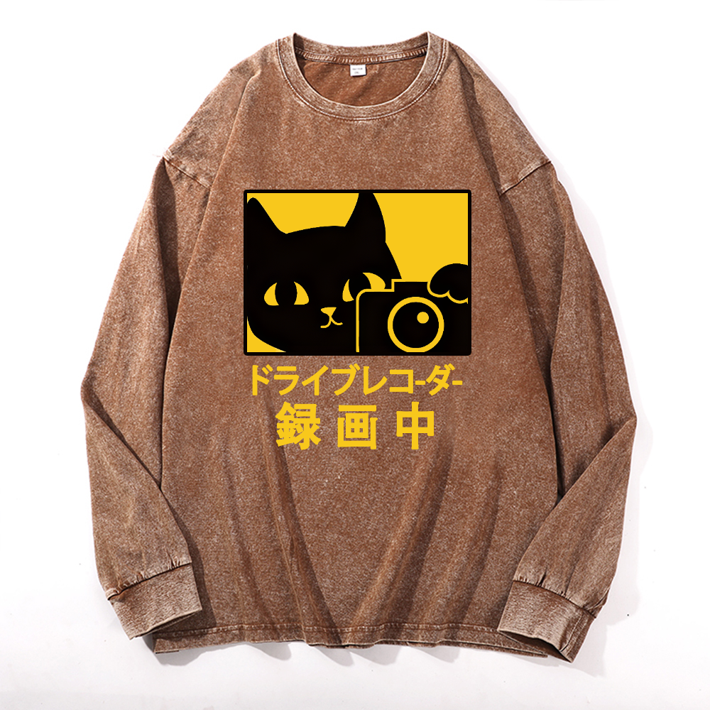 Cat Camera Vintage Cotton Wash Long-sleeve T-shirt