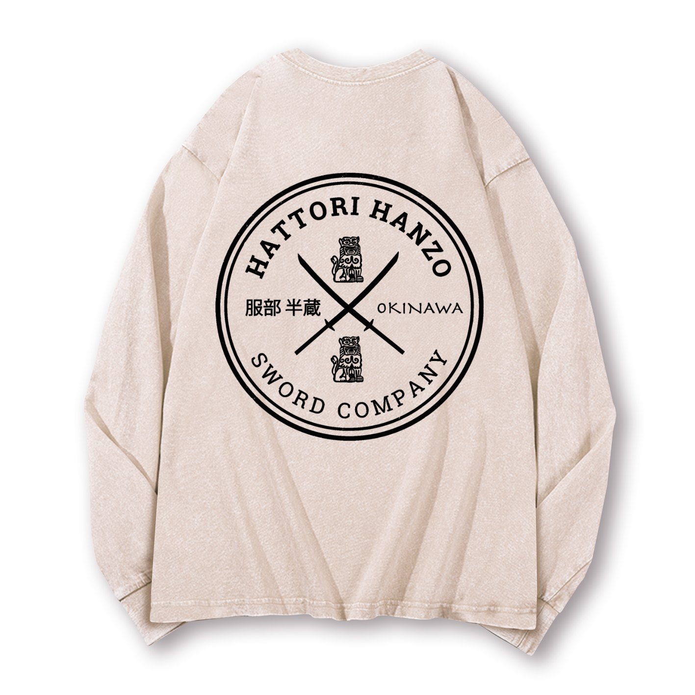 Hattori Hanzo Komainu Okinawa Sword Company Vintage Washed Cotton Back Art Long-sleeve T-shirt