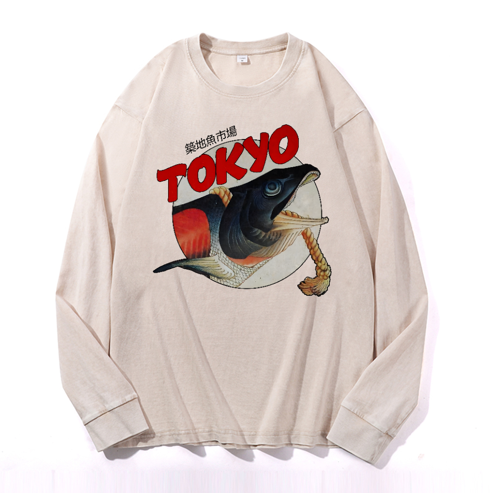 Tsukiji Market Vintage Cotton Wash Crewneck Long-Sleeve T-Shirt