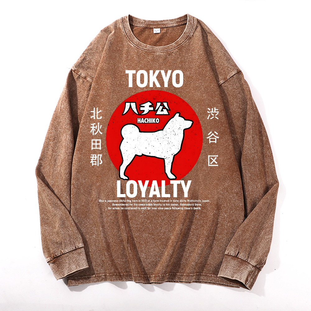 Tokyo Hachiko Vintage Cotton Wash Crewneck Long-Sleeve T-Shirt