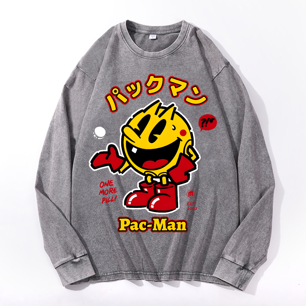 Pacman Vintage Cotton Wash Crewneck Long-Sleeve T-Shirt
