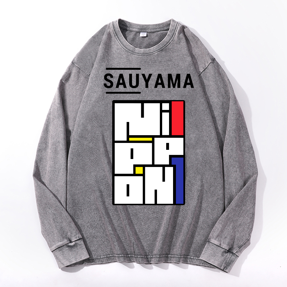 Sauyama Nippon Vintage Cotton Wash Crewneck Long-Sleeve T-Shirt
