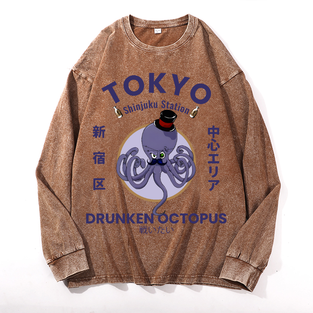 Tokyo Octopus Vintage Cotton Wash Crewneck Long-Sleeve T-Shirt