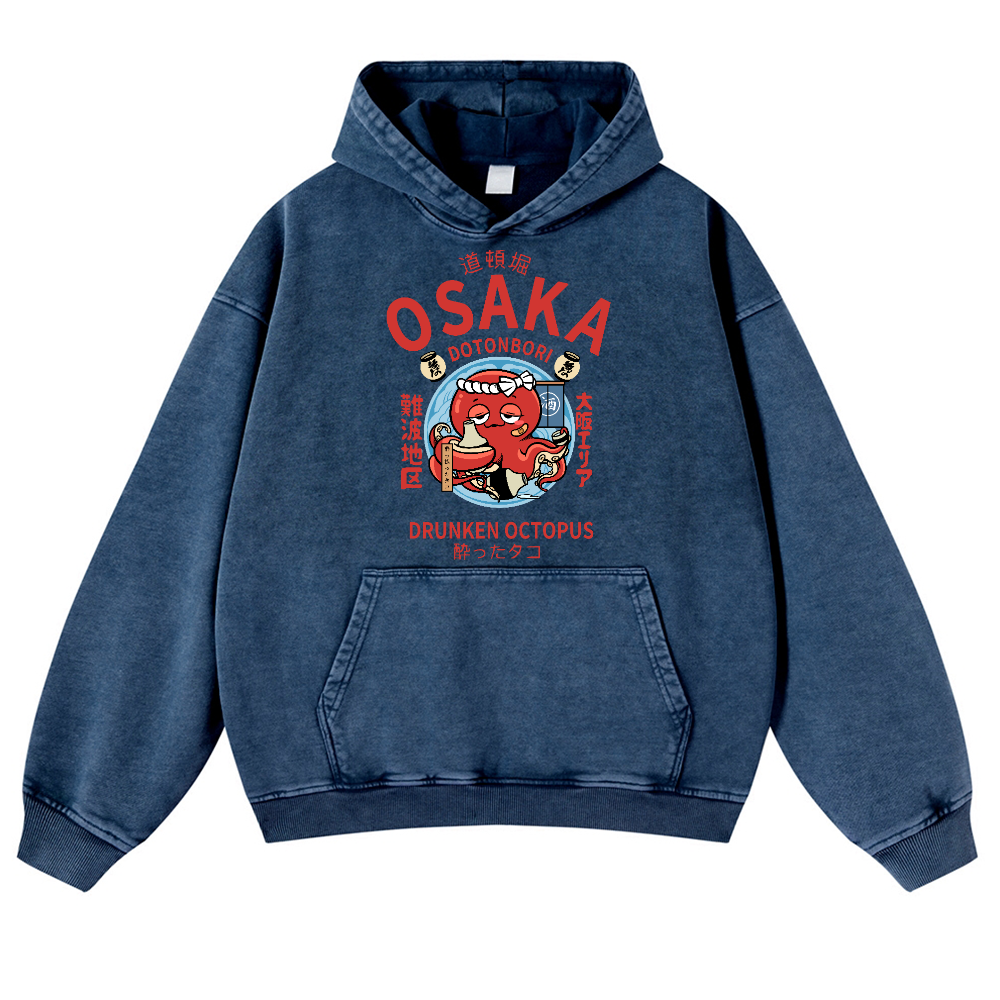 Osaka Dotonbori Drunken Octopus Vintage Washed Thick Cotton Hoodie