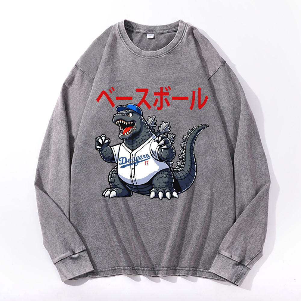 Dodgers Kaiju 17 Baseball Vintage Cotton Wash Long-sleeve T-shirt