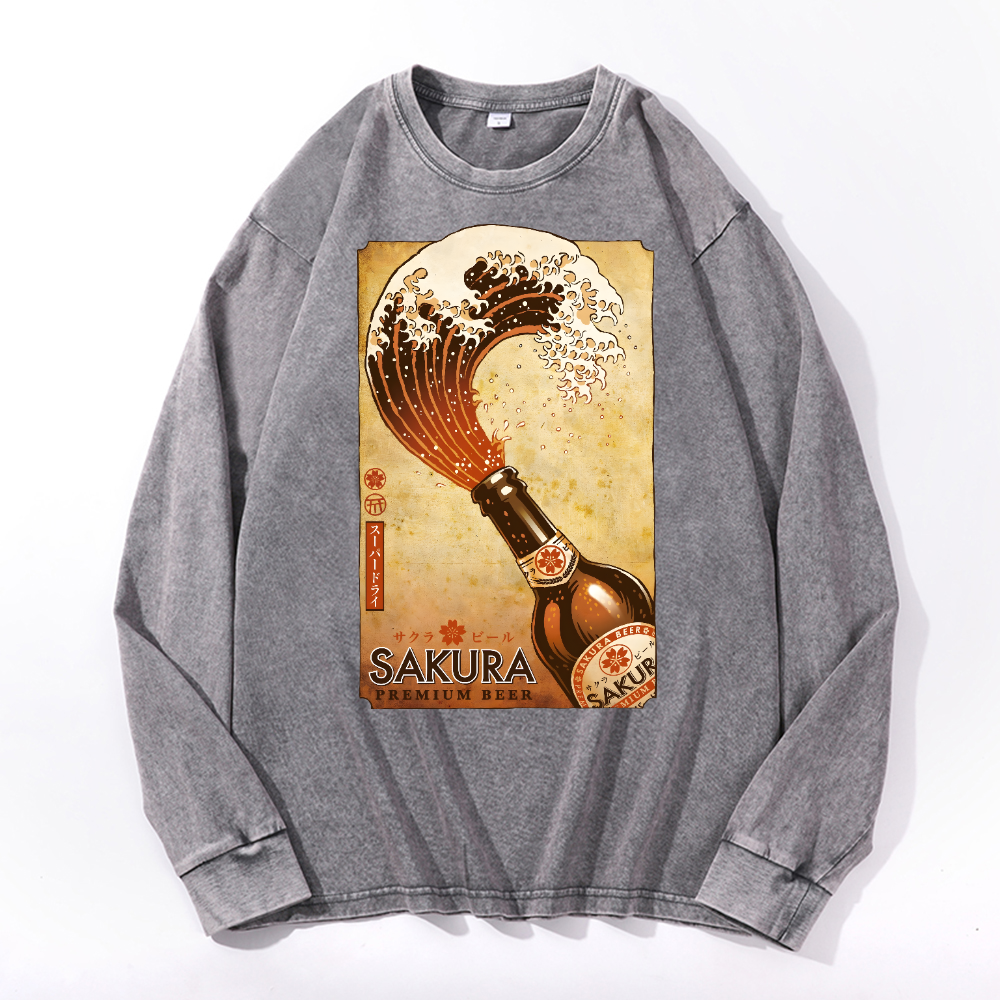 Sakura Wave Vintage Cotton Wash Crewneck Long-Sleeve T-Shirt