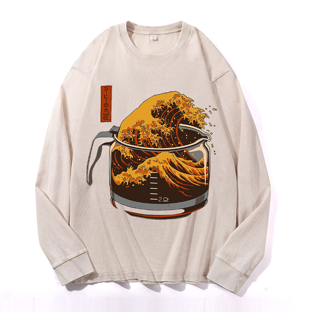 The Great Wave off Kanagawa Vintage Cotton Wash Crewneck Long-Sleeve T-Shirt