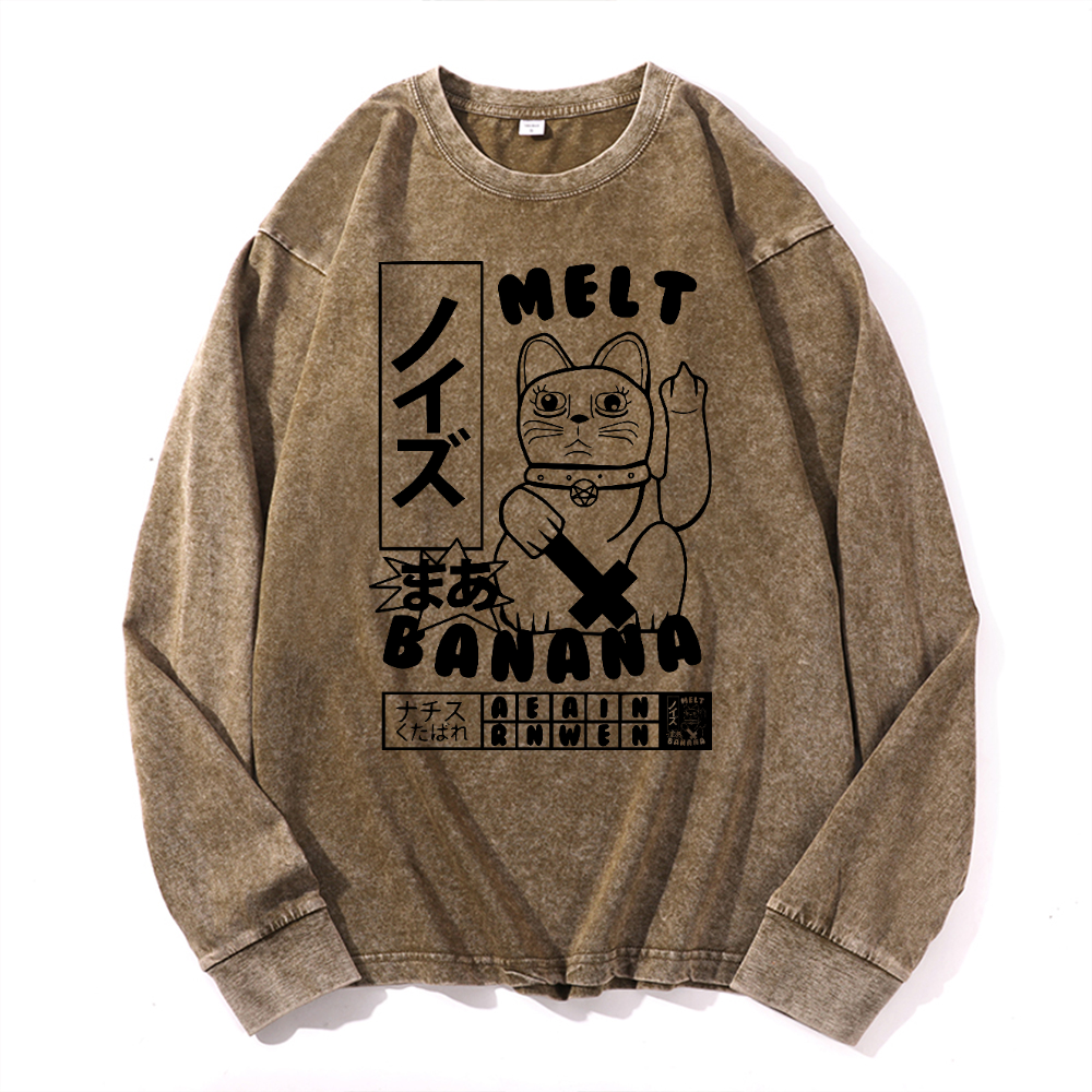 Cat Vintage Cotton Wash Crewneck Long-Sleeve T-Shirt
