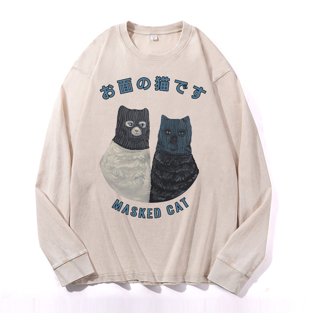 Masked Cat Vintage Cotton Wash Crewneck Long-Sleeve T-Shirt