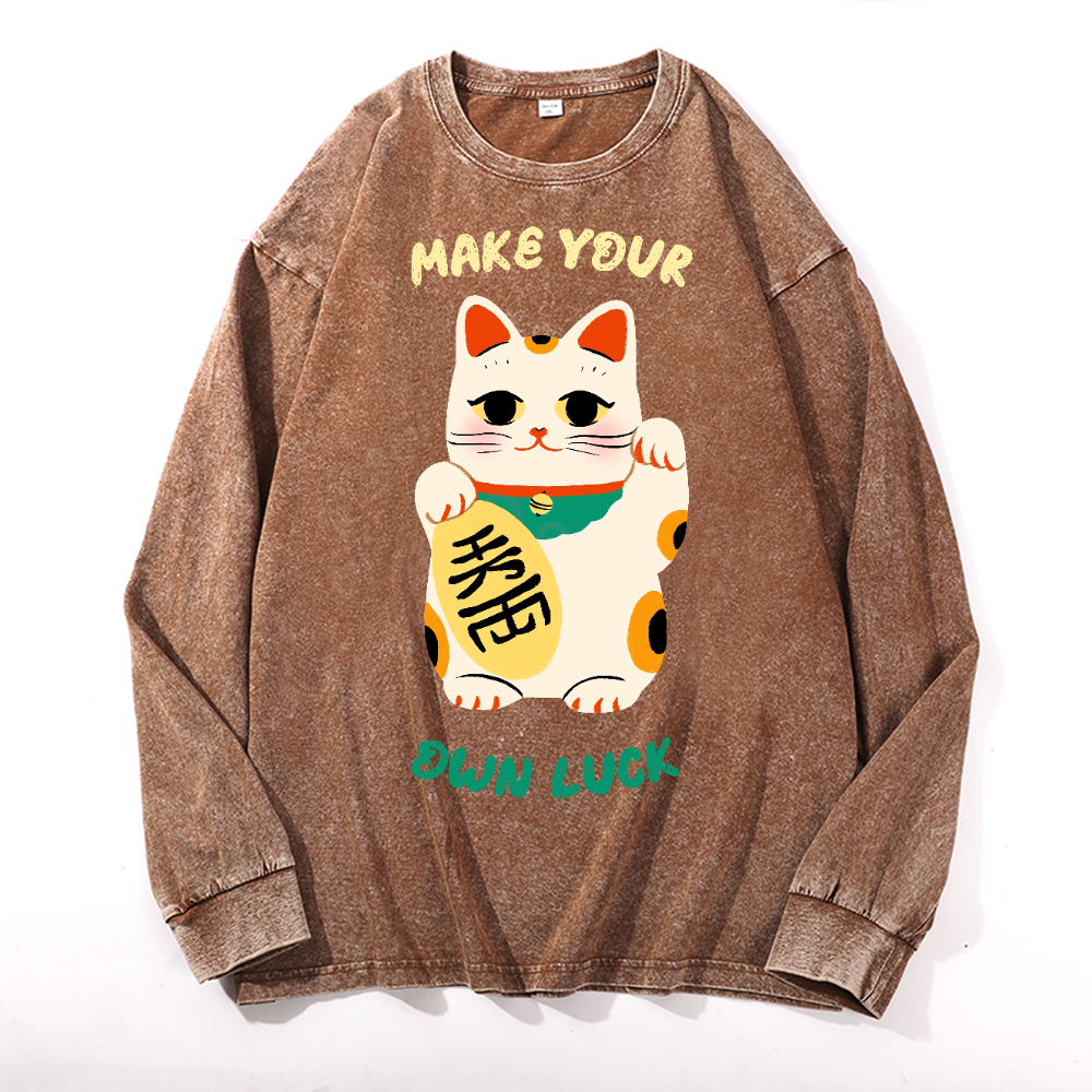 Lucky Cat Vintage Cotton Wash Crewneck Long-Sleeve T-Shirt