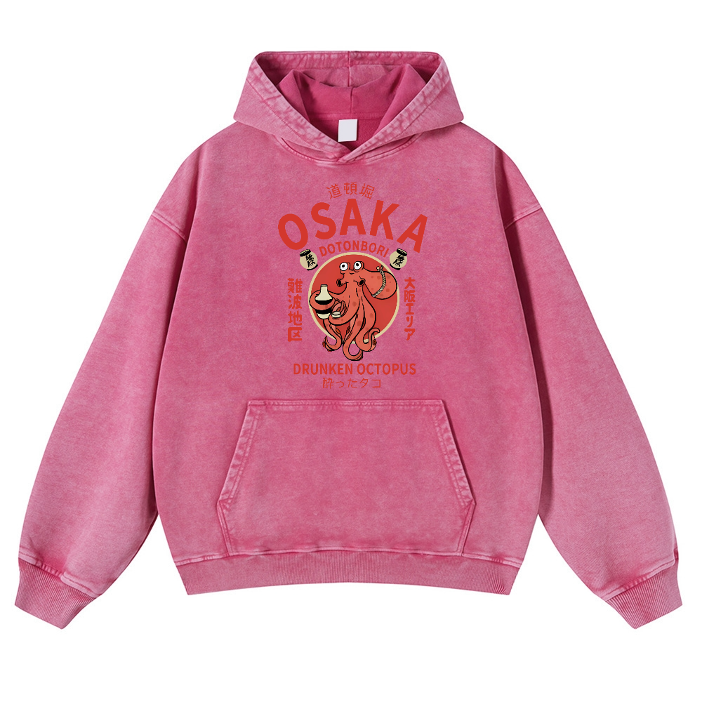 Osaka Dotonbori Drunken Octopus Vintage Washed Thick Cotton Hoodie