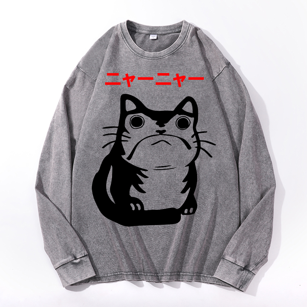 Cat Frog Vintage Cotton Wash Crewneck Long-Sleeve T-Shirt