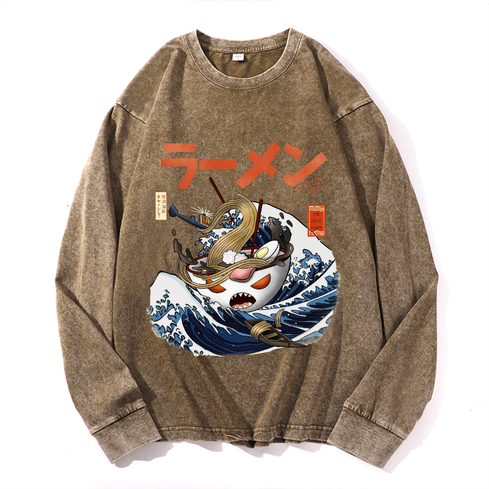 Ramen Wave Vintage Cotton Wash Crewneck Long-Sleeve T-Shirt