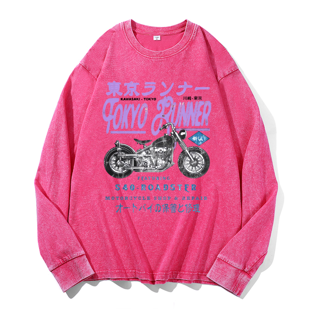 Tokyo Kawasaki S40 Repair Vintage Cotton Wash Crewneck Long-Sleeve T-Shirt