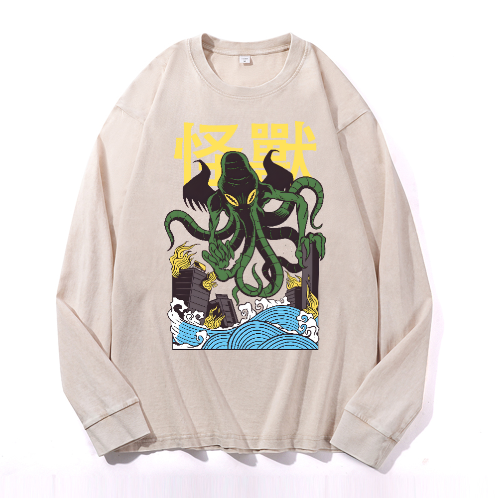 Octopus Monster Vintage Cotton Wash Crewneck Long-Sleeve T-Shirt