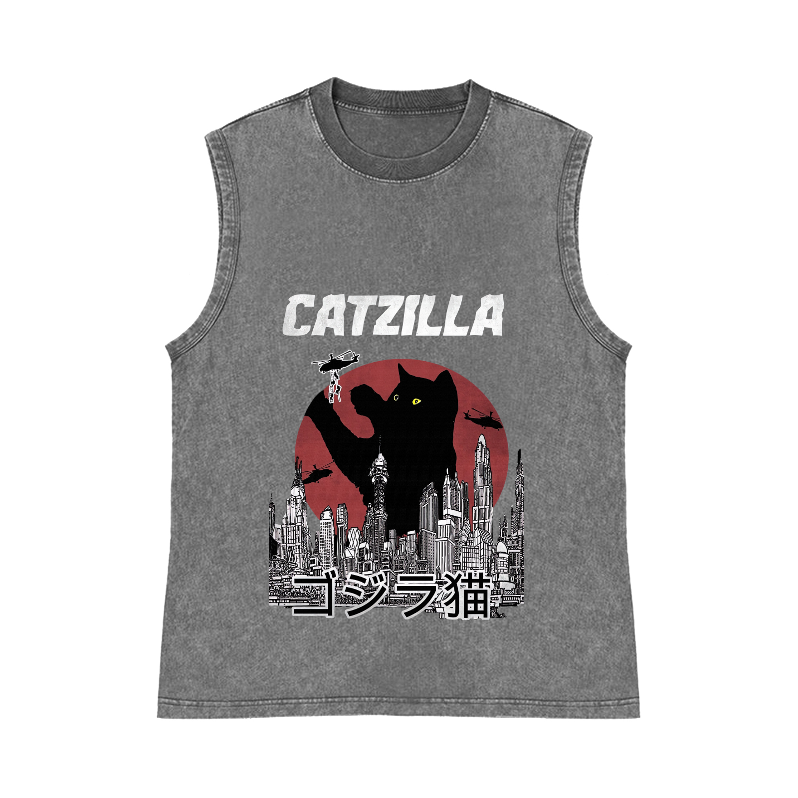 Catzilla Cat Kaiju Pure Cotton Wash-Dyed Sleeveless Tank Top