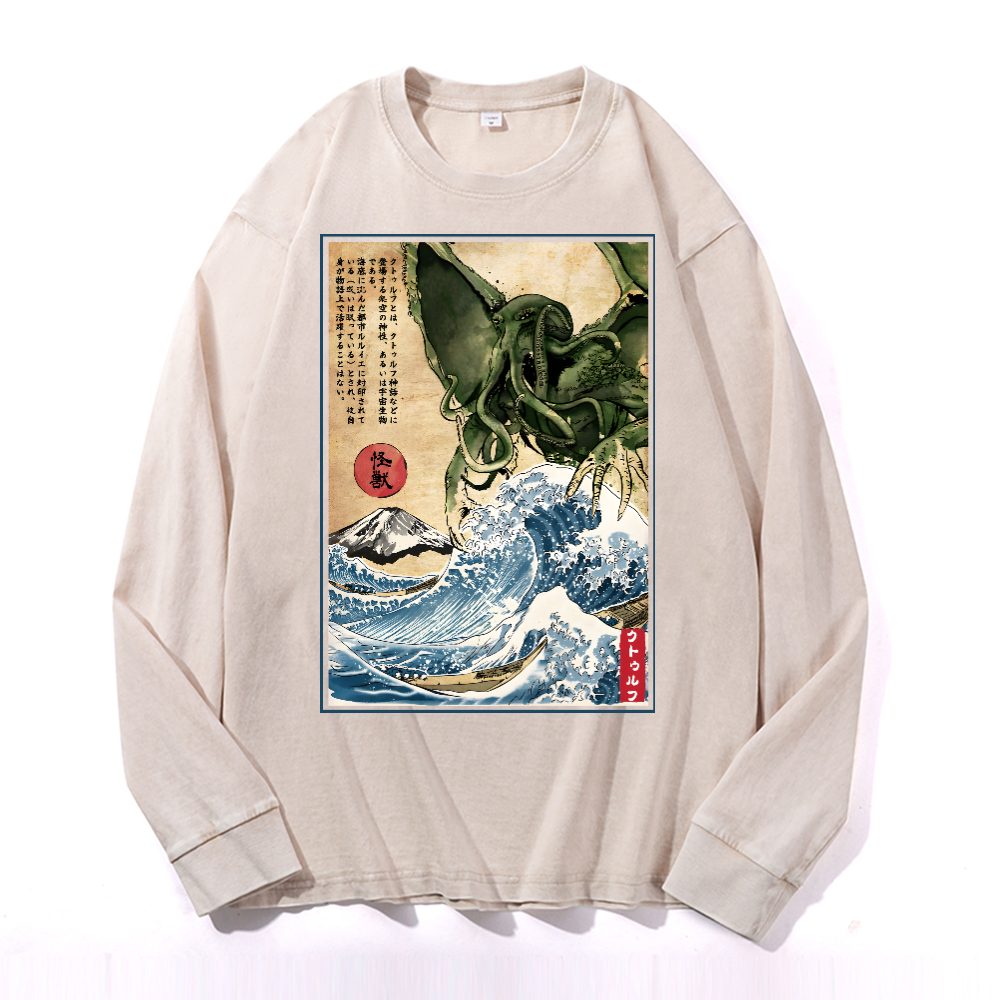 Octopus Ukiyoe Wave Vintage Cotton Wash Crewneck Long-Sleeve T-Shirt