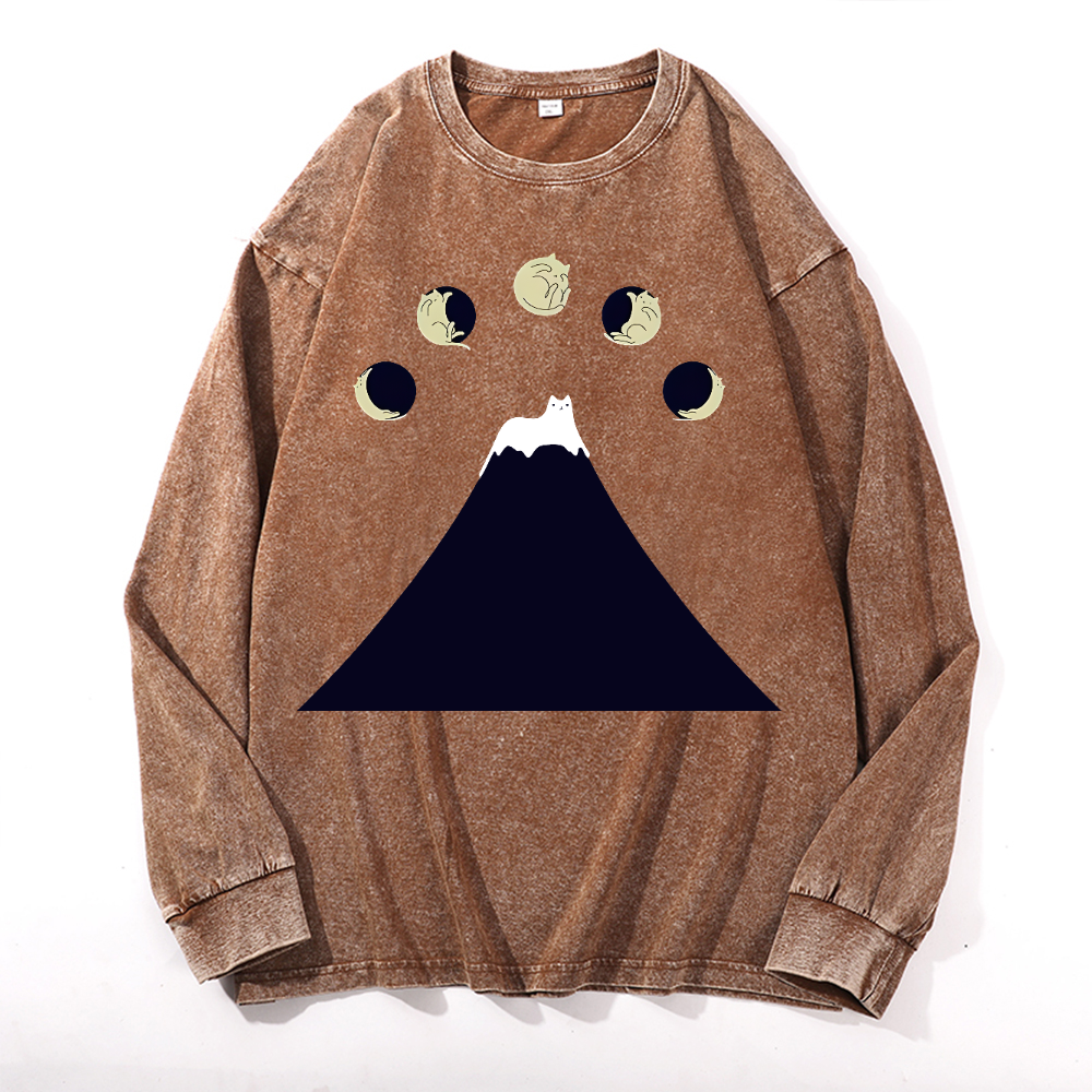 Fuji Cat Vintage Cotton Wash Crewneck Long-Sleeve T-Shirt