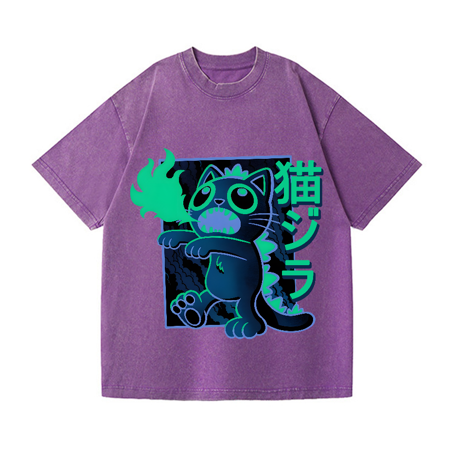 Cat Kaiju Vintage Wash Japanese Design T-Shirt