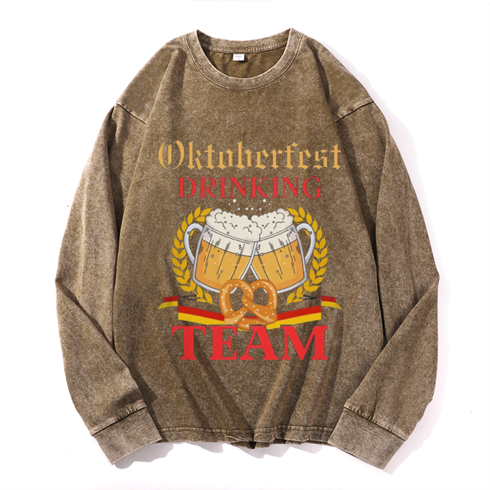 Oktoberfest Drinking Team Vintage Cotton Wash Crewneck Long-Sleeve T-Shirt