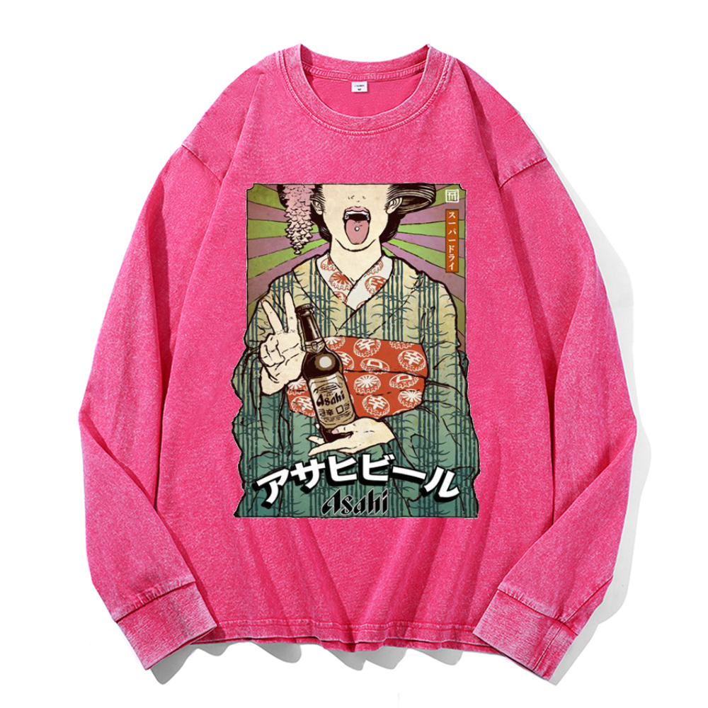 Asahi Breweries Vintage Cotton Wash Crewneck Long-Sleeve T-Shirt