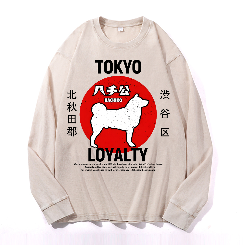 Tokyo Hachiko Vintage Cotton Wash Crewneck Long-Sleeve T-Shirt