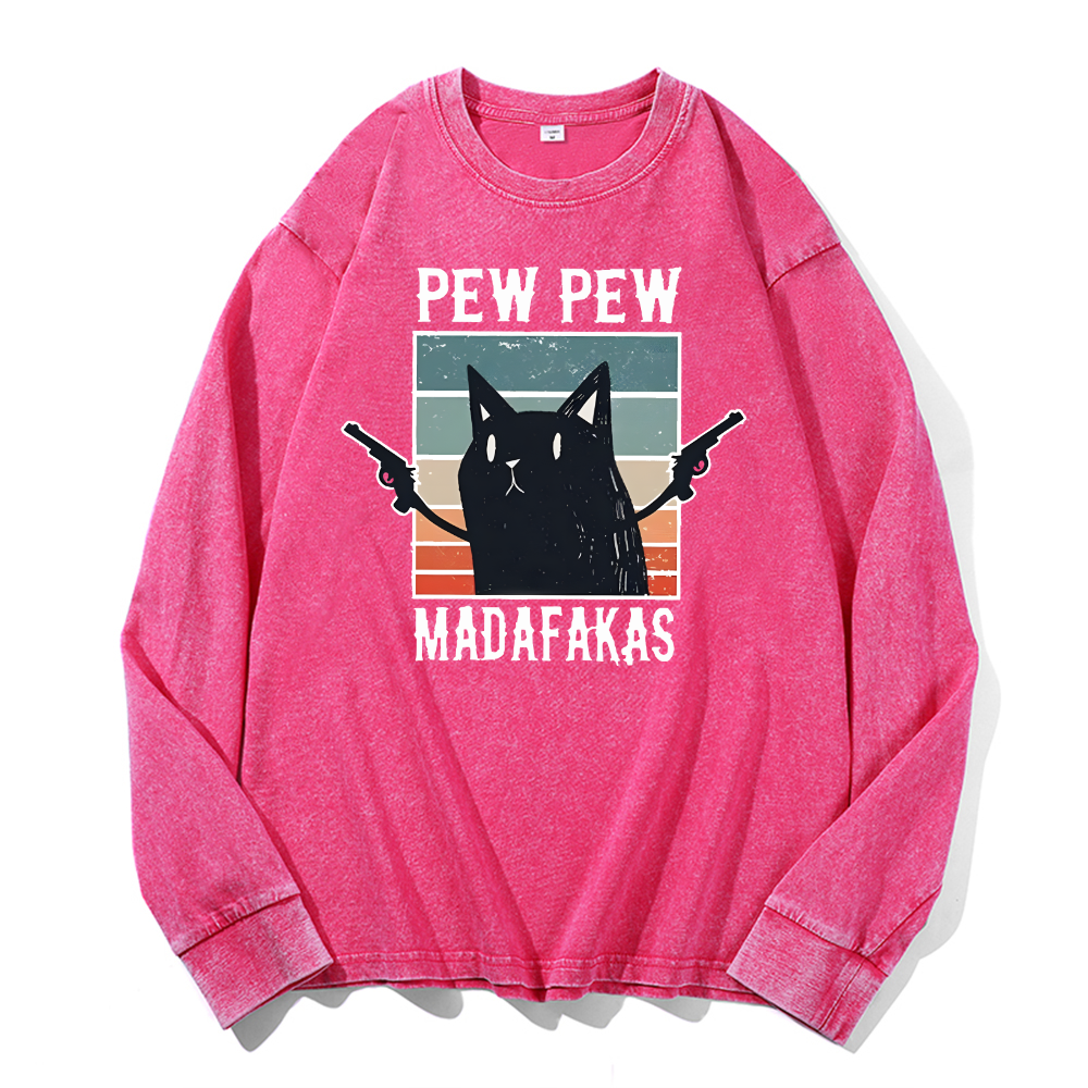 Cat Vintage Cotton Wash Crewneck Long-Sleeve T-Shirt