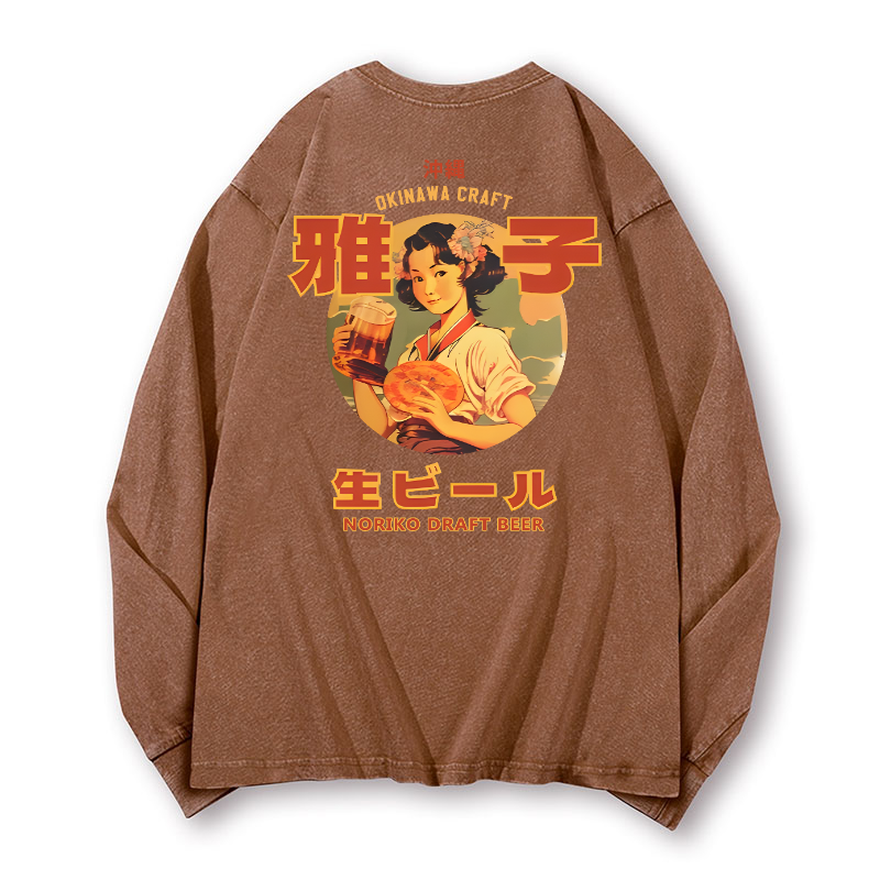 Noriko Draft Beer Vintage Washed Cotton Back Art Long-sleeve T-shirt