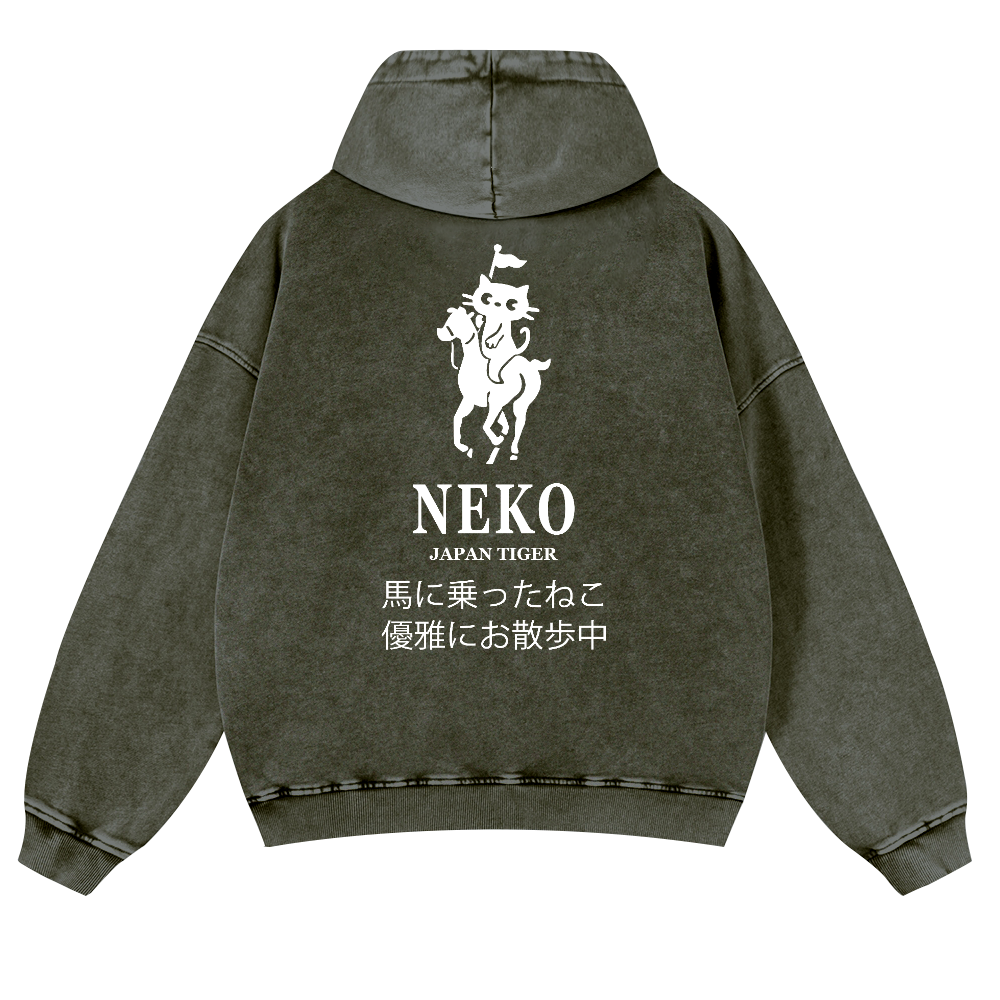 Neko Cat Vintage Washed Cotton Back Art Hoodie