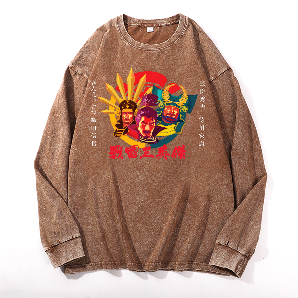 Oda Nobunaga Toyotomi Hideyoshi Tokugawa Ieyasu Vintage Cotton Wash Crewneck Long-Sleeve T-Shirt