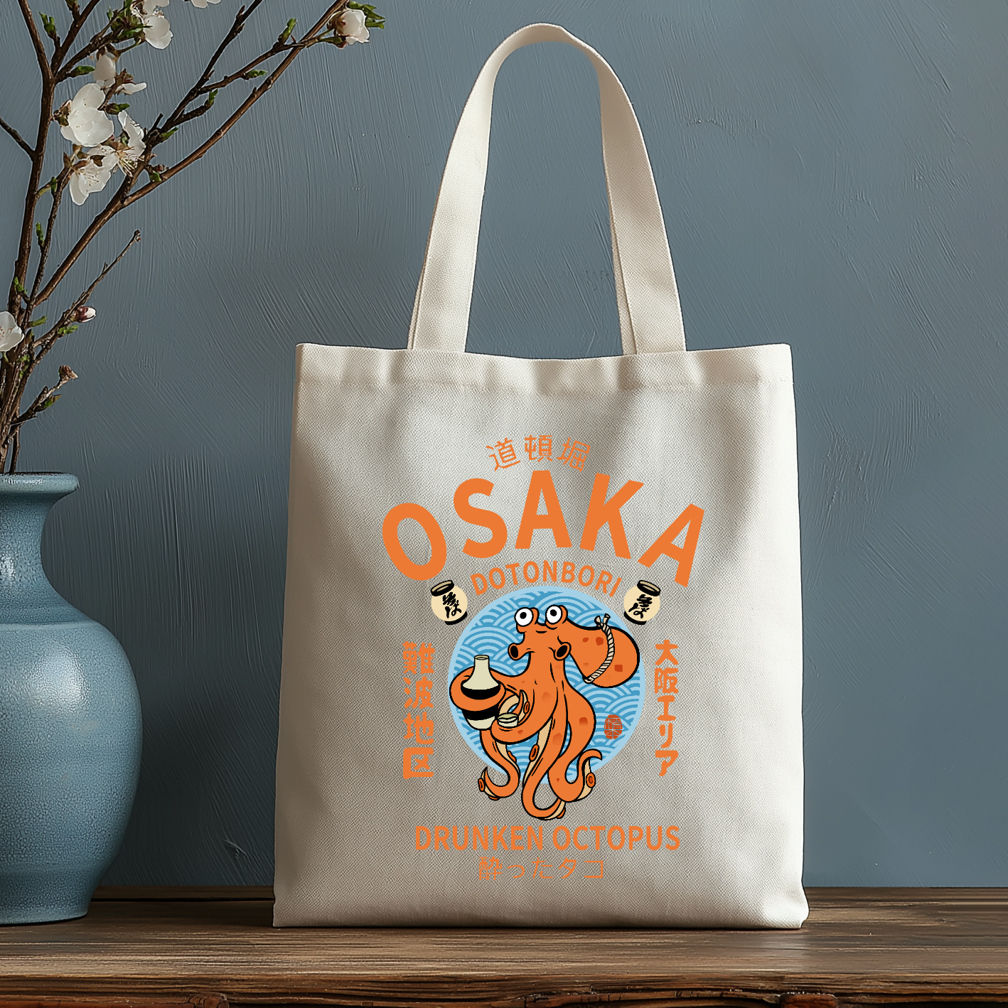 Osaka Dotonbori Drunken Octopus  Japanese Style Canvas Tote Bag