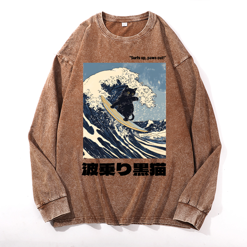 Black Cat Great Wave Vintage Cotton Wash Long-sleeve T-shirt