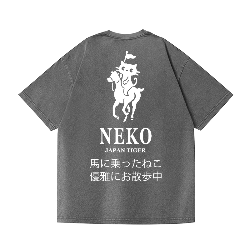Neko Cat Vintage Wash Japanese Design Back Art T-Shirt