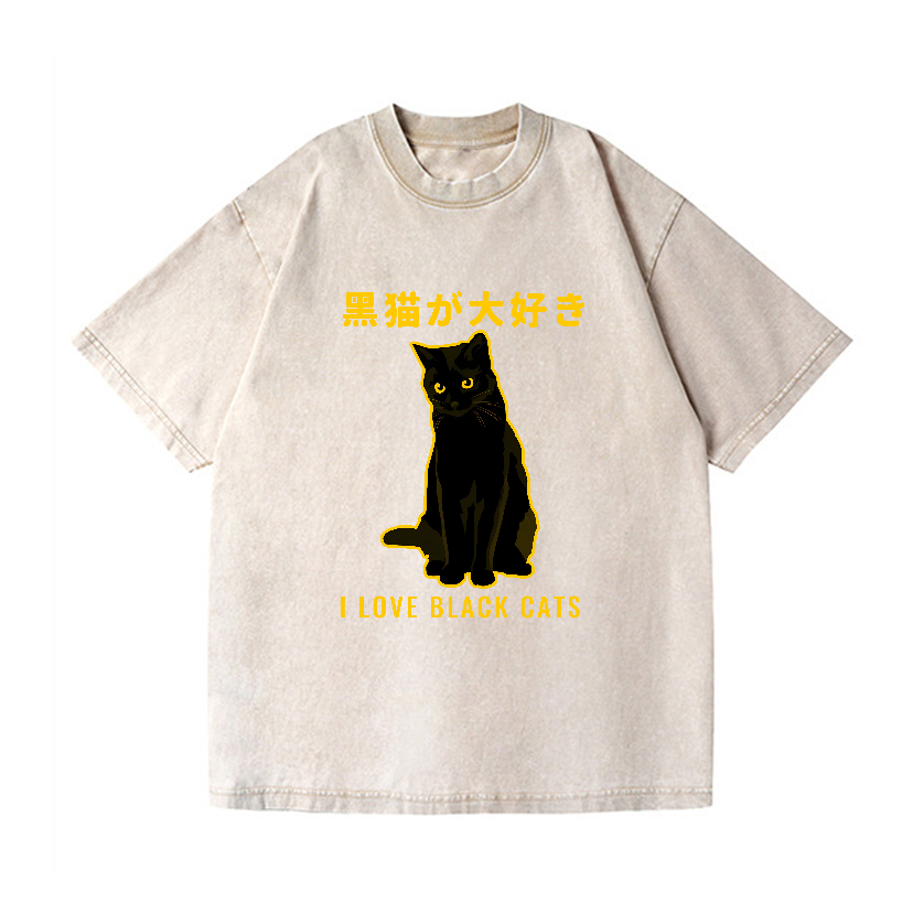 Black Cat Vintage Wash Japanese Design T-Shirt