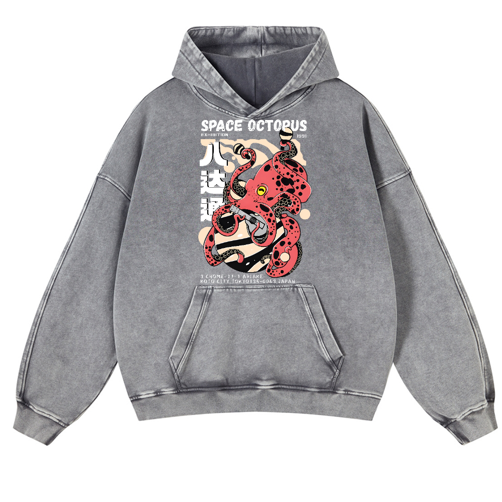 Space Octopus Vintage Washed Thick Cotton Hoodie