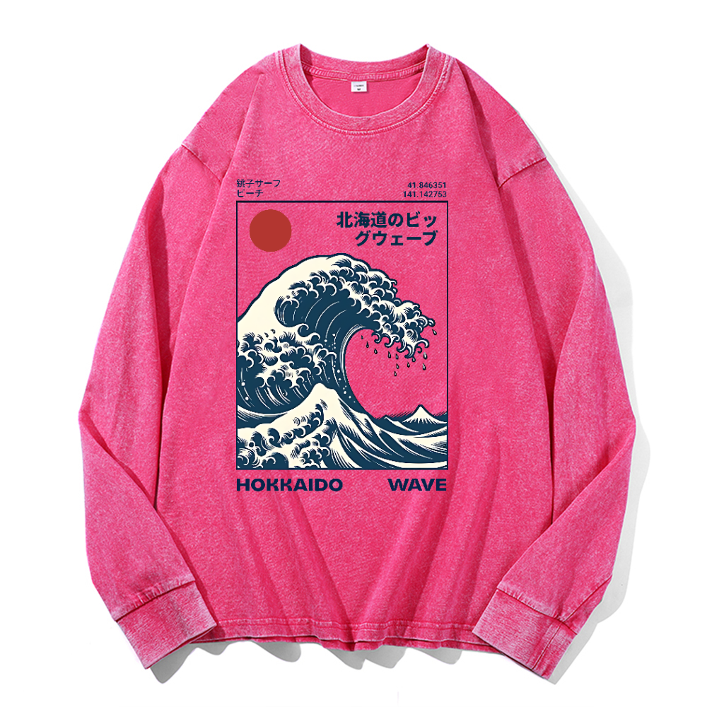Hokkaido Wave Ukiyoe Vintage Cotton Wash Crewneck Long-Sleeve T-Shirt